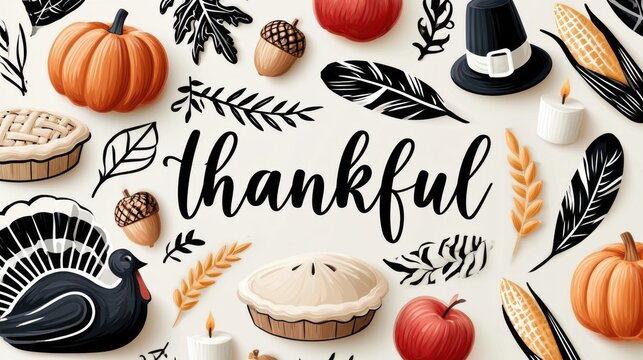 Thanksgiving doodle pattern with pumpkins turkeys pies and autumn elements on cream background