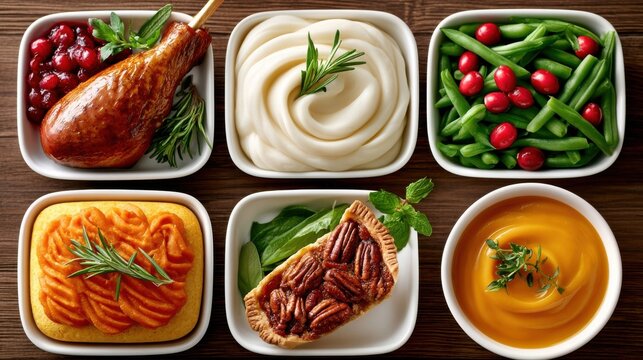 Thanksgiving food flat lay on dark wooden table with turkey cranberry sauce mashed potatoes green beans sweet potato casserole pecan pie gravy