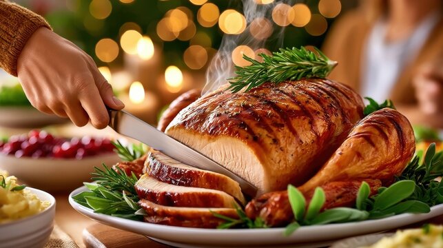 Hand carving roasted turkey at festive table with rosemary garnish