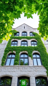 Grand stone university building with ivy covered walls and arched windows framed by green leaves