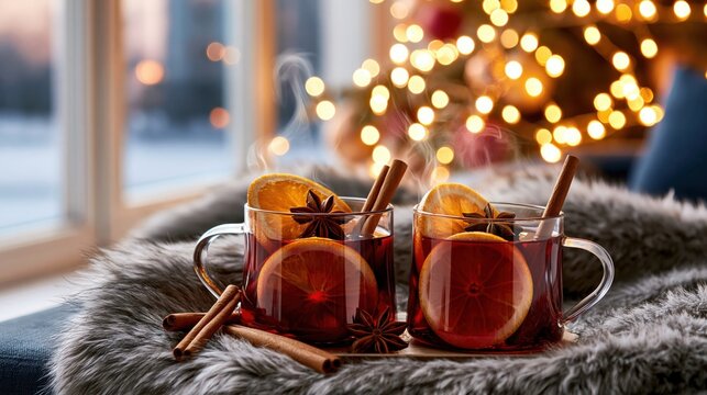 Two steaming glasses of mulled wine with orange slices and star anise on fur blanket near window with holiday lights