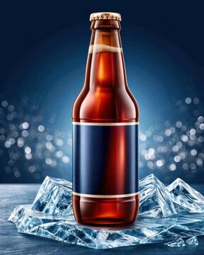 Dark glass beer bottle with blank label standing on ice against blue bokeh background