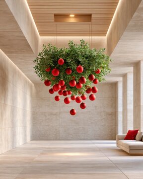 Upside down Christmas tree with red ornaments hanging from ceiling in modern minimalist room