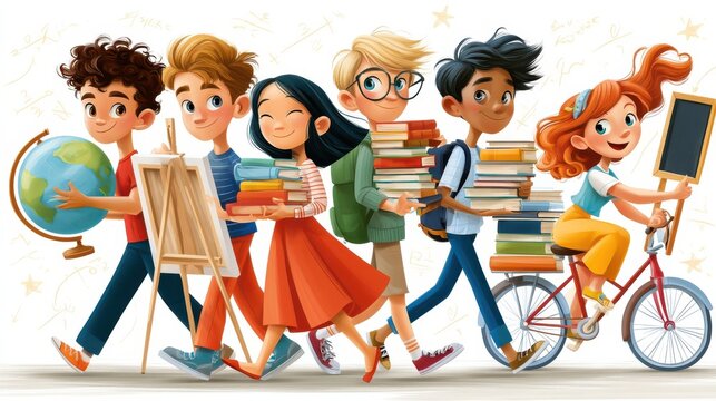 Joyful cartoon kids carrying school supplies and books walking together