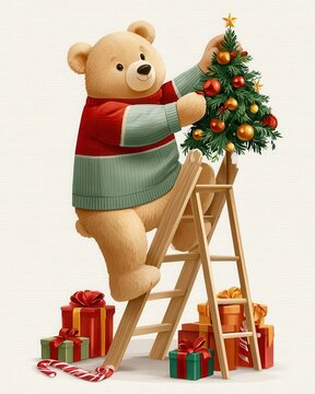 Cute teddy bear decorating Christmas tree on ladder with wrapped gifts and candy cane