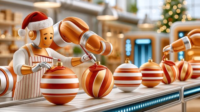 Robot worker painting Christmas ornaments on factory conveyor belt