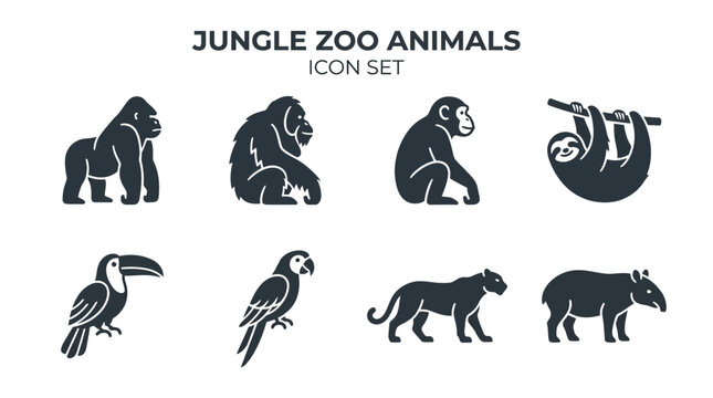Set of jungle wildlife animal silhouette icons featuring tropical mammals and birds for zoo and nature design