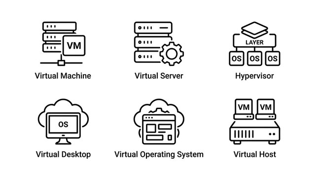 Virtualization and Cloud Computing Line Icon Set