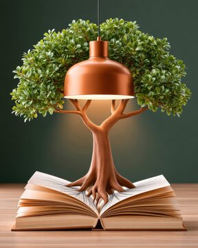 Tree growing from open book with lamp shade canopy