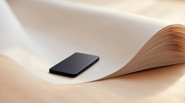 Smartphone resting on curved paper stack