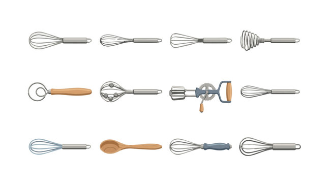 Set of various hand mixers and whisks isolated on transparent background for baking and cooking utensils