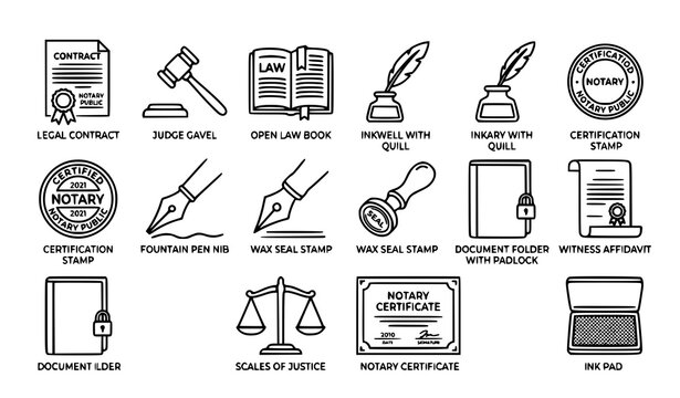 Corporate notary public thin line icons for legal firm website design and official document certification services