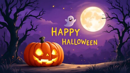 Fototapeta premium Spooky halloween night with a glowing jackolantern and a friendly ghost against a full moon sky