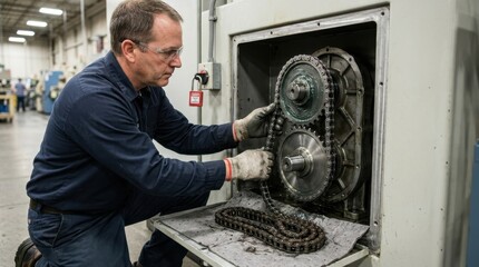 Obraz premium Industrial technician repairing machinery in a factory. Male mechanic installing a metal drive chain on sprockets during a production line overhaul