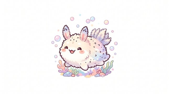 A dreamy kawaii illustration of a fluffy sea bunny slug, inspired by the real _Jorunna parva_. This chubby, cream-colored creature has soft pastel shading with hints of lavender, pink, and blue on its