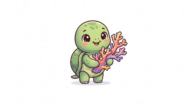 A cute chibi-style illustration of a baby green sea turtle standing on a white background. The turtle has soft light green skin, a rounded shell with subtle patterns, big glossy eyes, pink blush on it