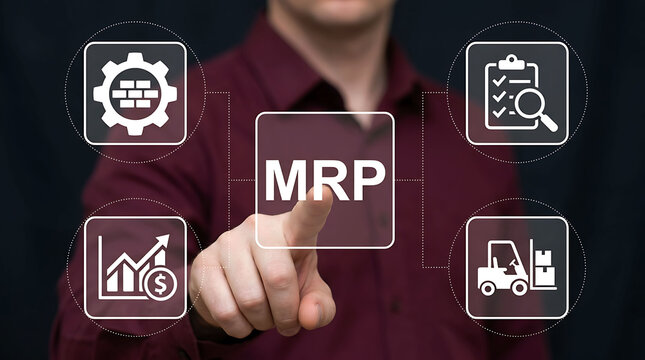 Man pressing MRP material requirements planning symbol on virtual business display