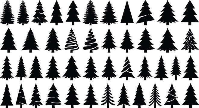 Collection of Black Pine and Fir Tree Silhouette Icons for Nature Vector Design