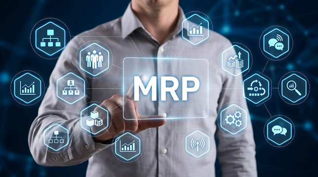 Businessman touching virtual screen with MRP concept material requirements planning