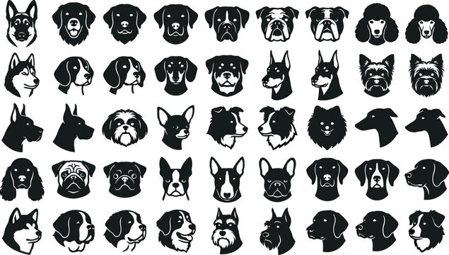 Dog Breed Head Silhouette Collection with Domestic Canine Face Profiles and Portrait Icons