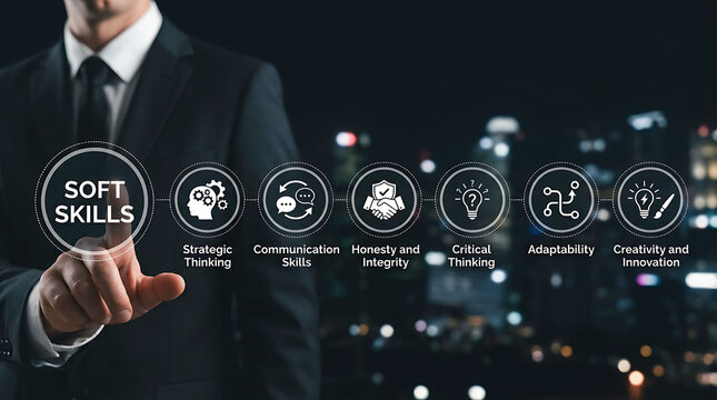 Businessman pointing at soft skills icon on virtual interface with development icons