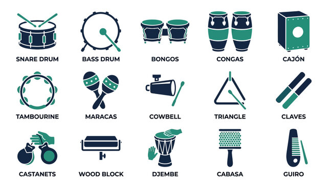 Collection of Musical Percussion Instrument Flat Icons