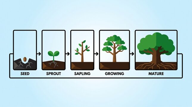 A clean, flat vector diagram illustrating the five main stages of a tree&rsquo;s life cycle, arranged horizontally from left to right and connected by black arrows.