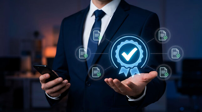 Businessman holding standard quality control warranty certificate guarantee icons concept