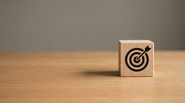 Wooden block with target and arrow icon on wooden table for goal setting concept