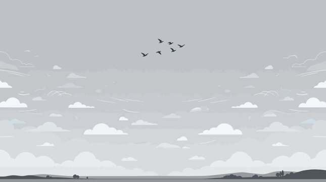 Minimalist flat design landscape with flying birds and clouds over hills and trees with large white copy space for text and design