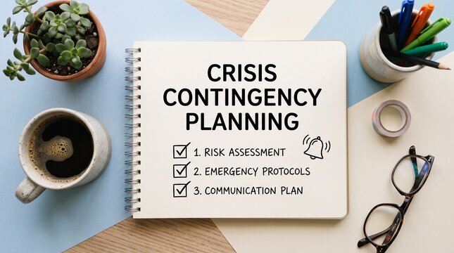 Crisis contingency planning checklist in notebook, business risk assessment and emergency protocols, corporate disaster management strategy