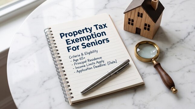 Property tax exemption for seniors document on notepad, real estate financial planning for elderly homeowners, wooden house model and magnifying glass