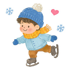 Cute little boy wearing warm blue winter clothes ice skating on frozen surface PNG Transparent