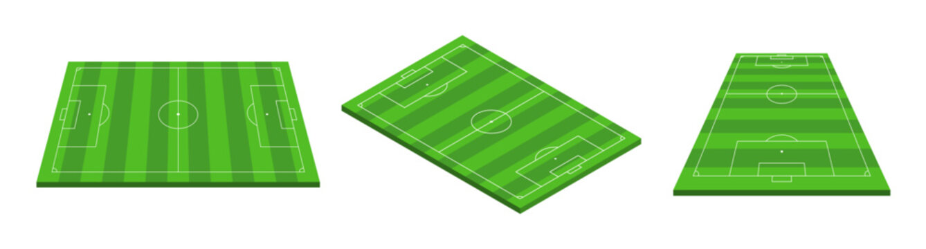 Soccer football field set in perspective and isometric views. Clean green stadium pitch vector collection with detailed field markings for sports graphics, infographics, presentations and web design.