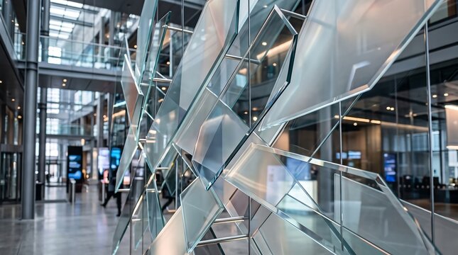 Overlapping glass panels in modern office. Abstract architectural structure in corporate lobby.