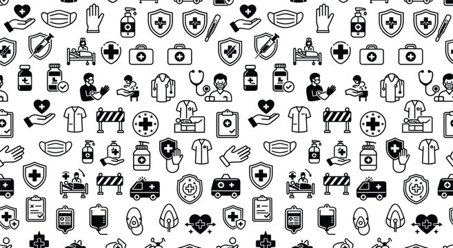 Patient safety medical protection and hospital clinical hygiene icons vector seamless pattern background