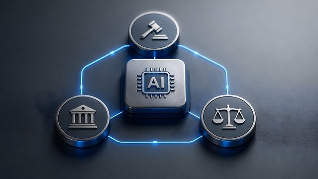 Tokens connected to a central AI microchip with courthouse and scale icons. Concept of smart contract automation, and digital jurisprudence.