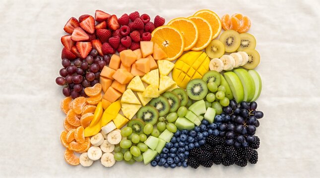 Fresh fruit platter arranged in a rainbow gradient. Colorful healthy food background.