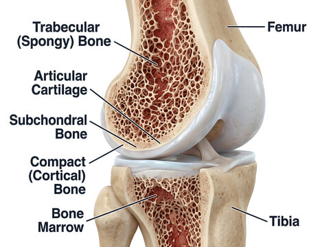 Anatomical diagram of knee joint showing bone structure isolated on white background