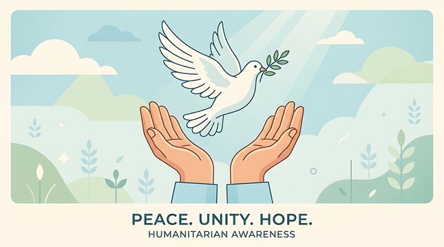 Open hands releasing a white dove, minimal text, peaceful flat vector illustration, humanitarian awareness theme