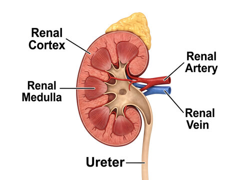Human kidney anatomy diagram with labeled parts isolated on white background