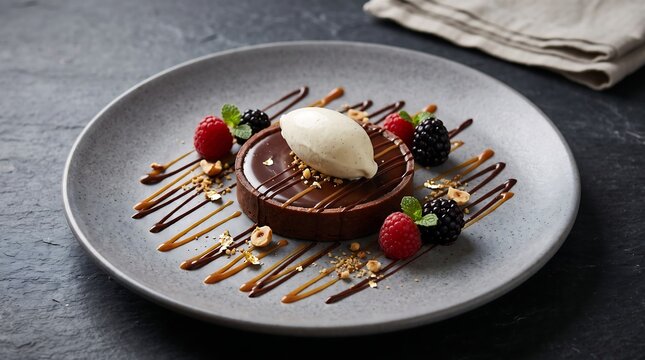 Gourmet chocolate tart with berries. Elegant plated dessert with ice cream and sauce drizzle.