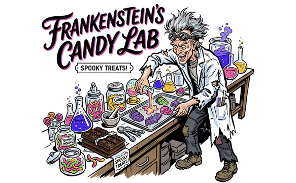 Mad scientist character in laboratory making spooky sweets and treats for holiday celebration. Hand drawn vector cartoon illustration.