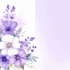 Obraz premium 淡いパープルの水彩風花柄背景 おしゃれで上品なボタニカルイラストのフレーム素材 文字入れ用コピースペースがあるカードデザインや結婚式の招待状・メニュー表の装飾用背景素材