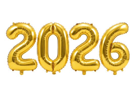 Gold foil 2026 balloons on black background.