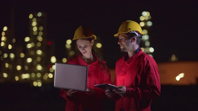 Engineers&rsquo; night shift working oil and gas refinery service, Workers hard work at night petroleum industry plant background, Oil and Gas Petrochemical industry.