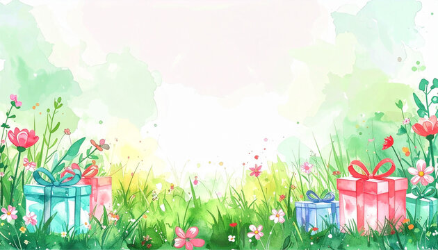 水彩画風の花畑とプレゼントボックスが描かれた春の背景素材　メッセージカードやチラシに使用できる中央にコピースペースがあるナチュラルなイラスト素材　お祝いや贈り物に関連するイベント用の装飾的なグラフィックデザイン