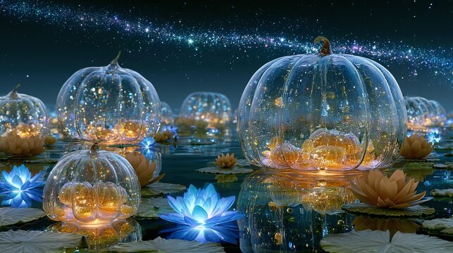 Floating crystal pumpkins made of translucent glass over mirror-like lake, bioluminescent water lilies set in mystical forest landscape
