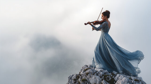 Violinist playing on mountaintop with ethereal fog and copy space
