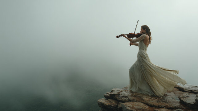 Violinist playing on mountaintop with ethereal fog and copy space

